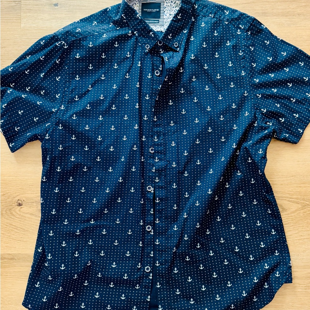 Denim & Flower Navy Short Sleeve Anchor Print Button-Down Shirt
